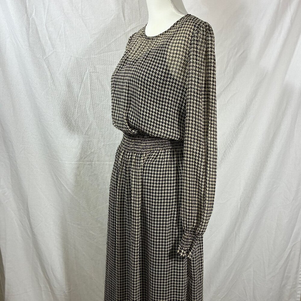 Tommy Hilfiger Womens Houndstooth Smocked Waist Midi Dress Black‎ Beige Size 10